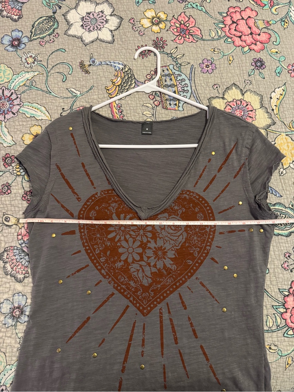 Gray V-Neck Tee with Red Heart Graphic and Stud Accents - Picture 3 of 3